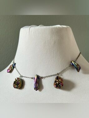 Handmade Titanium Oil Slick Druzy Crystal Stone Beaded Necklace Fairycore Gyaru